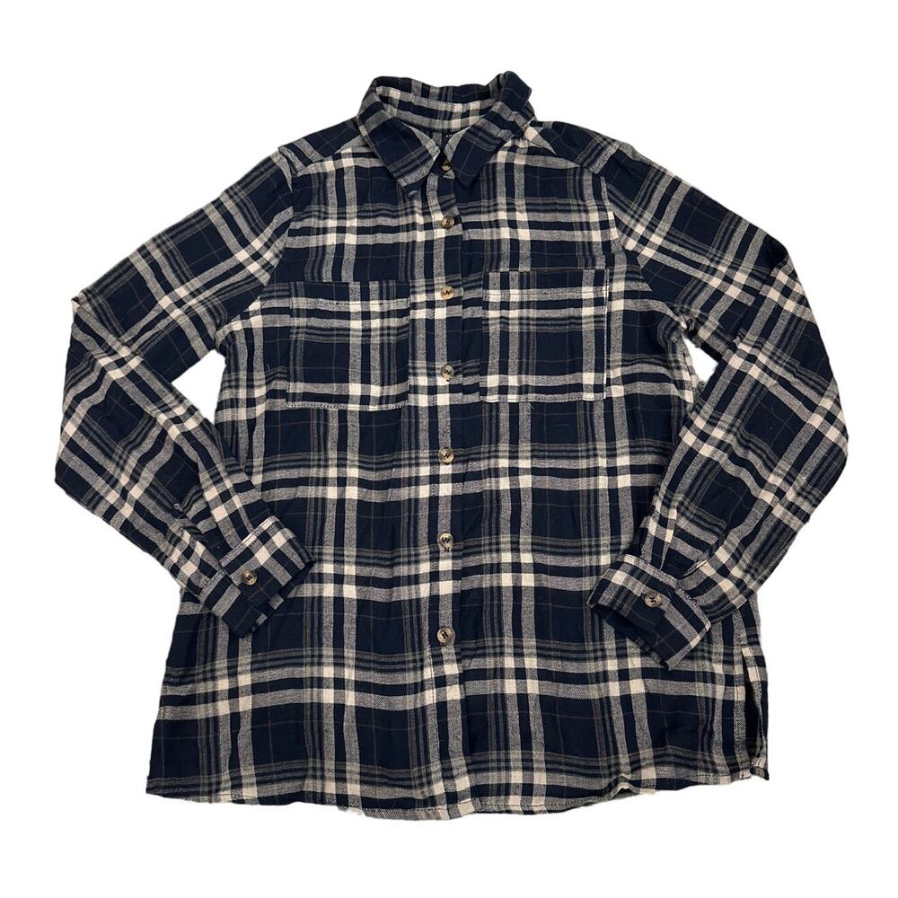 SHEIN Button Down Plaid Blue Tan Boyfriend Flannel Shirt Size Women's XS (2)